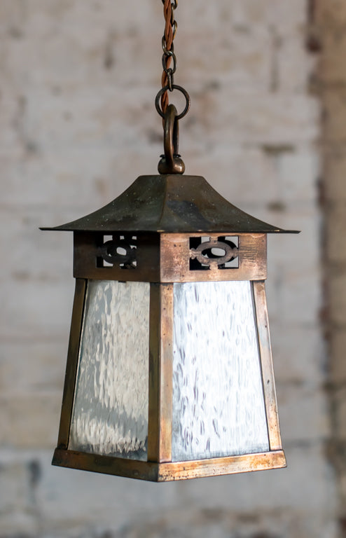 Arts & Crafts Brass Ripple Glass Lantern Pendant Light