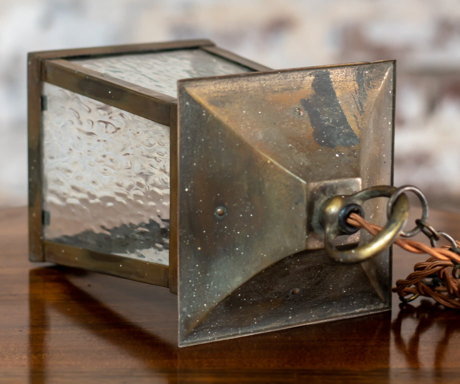 Arts & Crafts Brass Ripple Glass Lantern Pendant Light