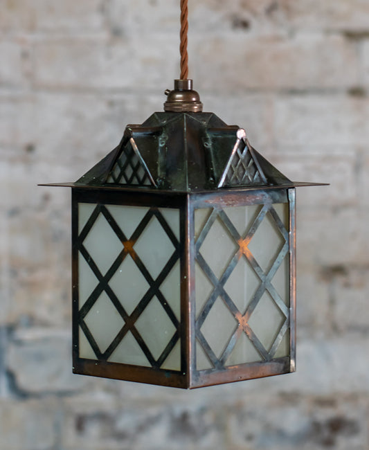 Arts & Crafts Copper Smoked Glass Lantern Pendant Light