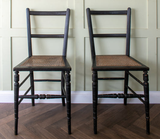 Pair of Ebonised Cane Seat Bedroom Chairs