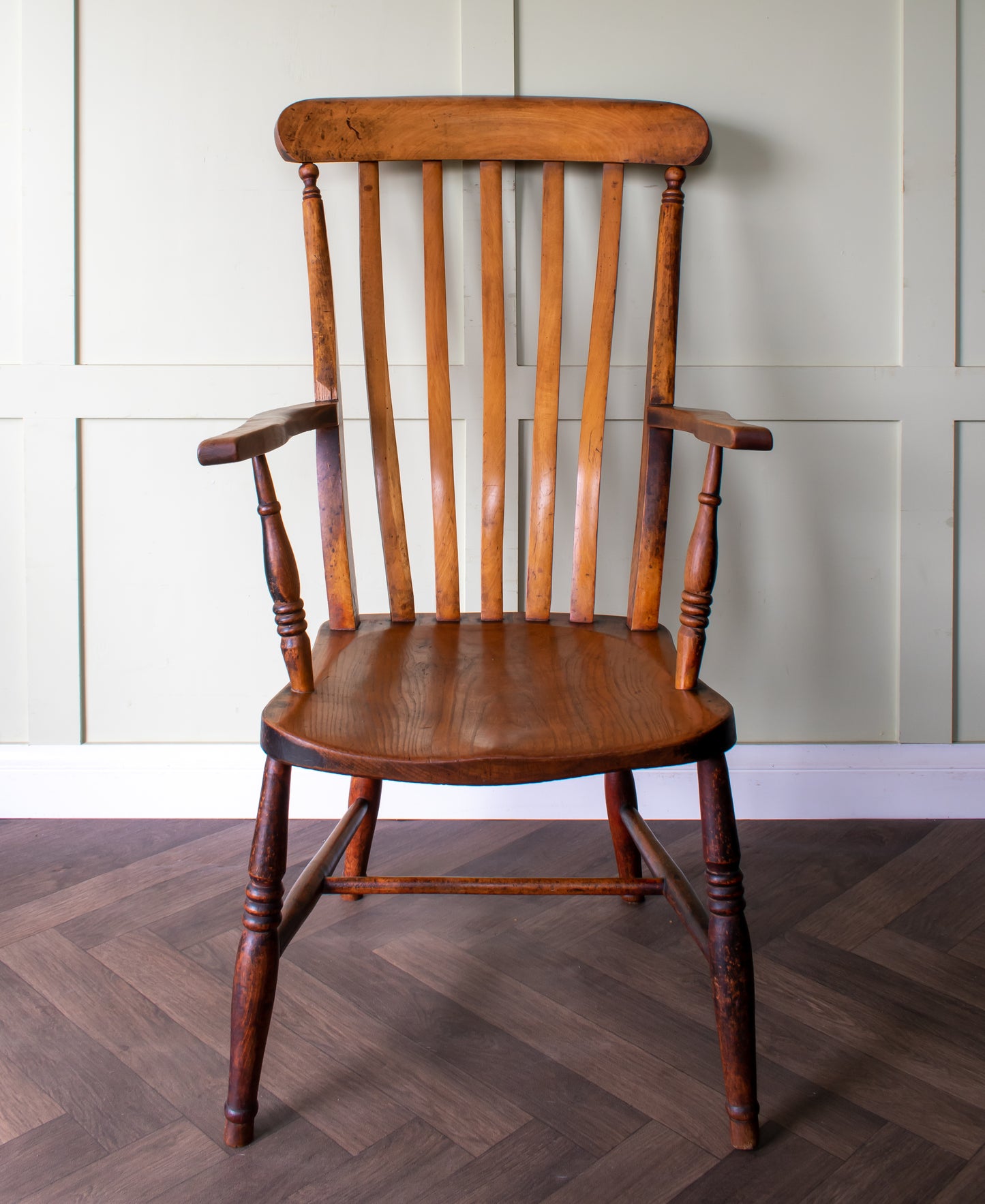 19thC. Beech & Elm Lathback Grandfather Windsor Armchair