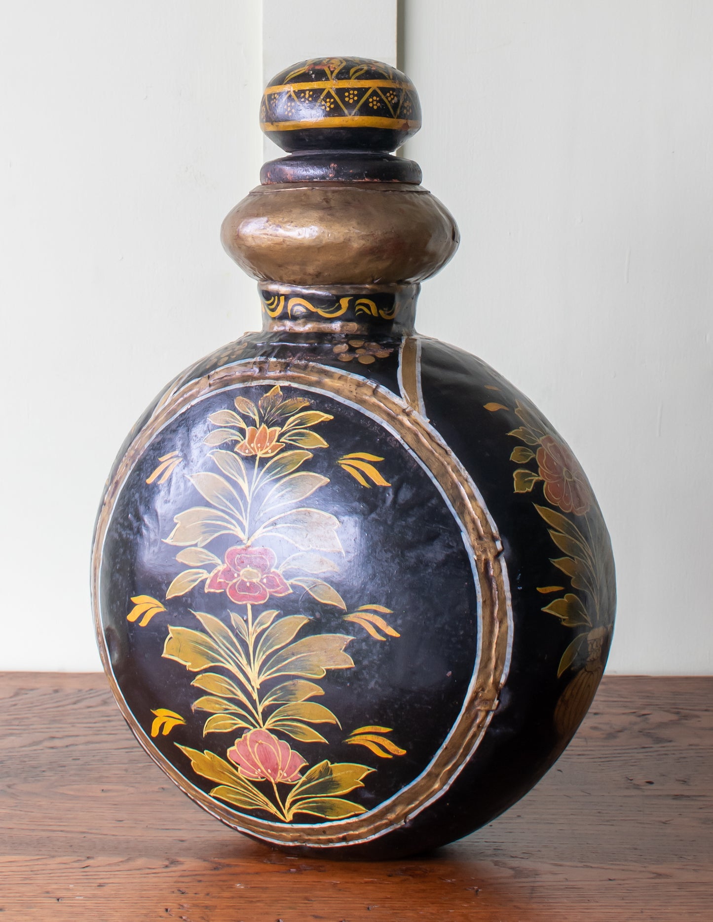 Indo-Raj Hand Hammered & Painted Metal Water Jug/ Flask