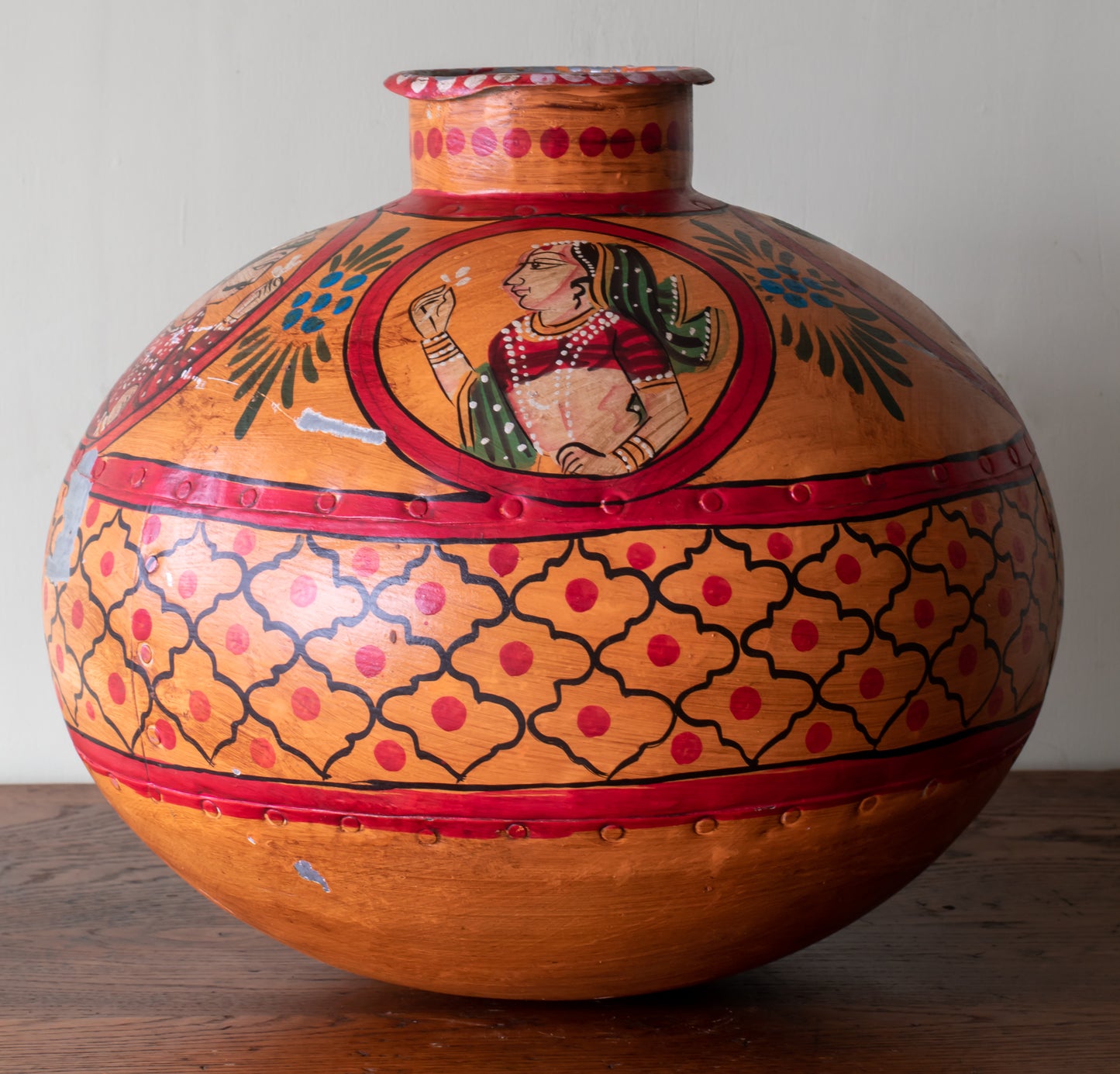 Indo-Raj Hand Hammered & Painted Large Metal Water Jug/ Flask