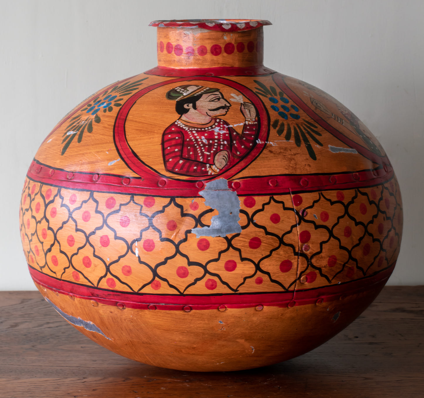 Indo-Raj Hand Hammered & Painted Large Metal Water Jug/ Flask