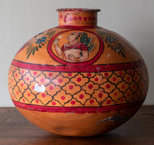 Indo-Raj Hand Hammered & Painted Large Metal Water Jug/ Flask