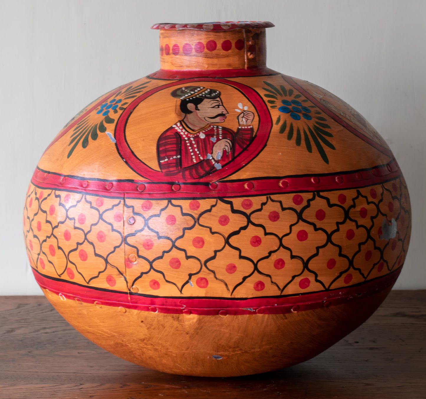 Indo-Raj Hand Hammered & Painted Large Metal Water Jug/ Flask