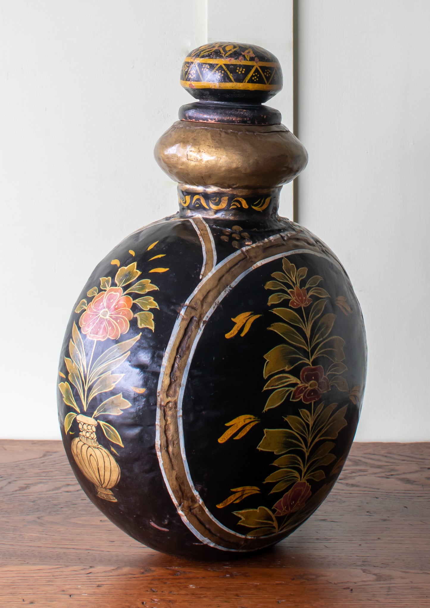 Indo-Raj Hand Hammered & Painted Metal Water Jug/ Flask