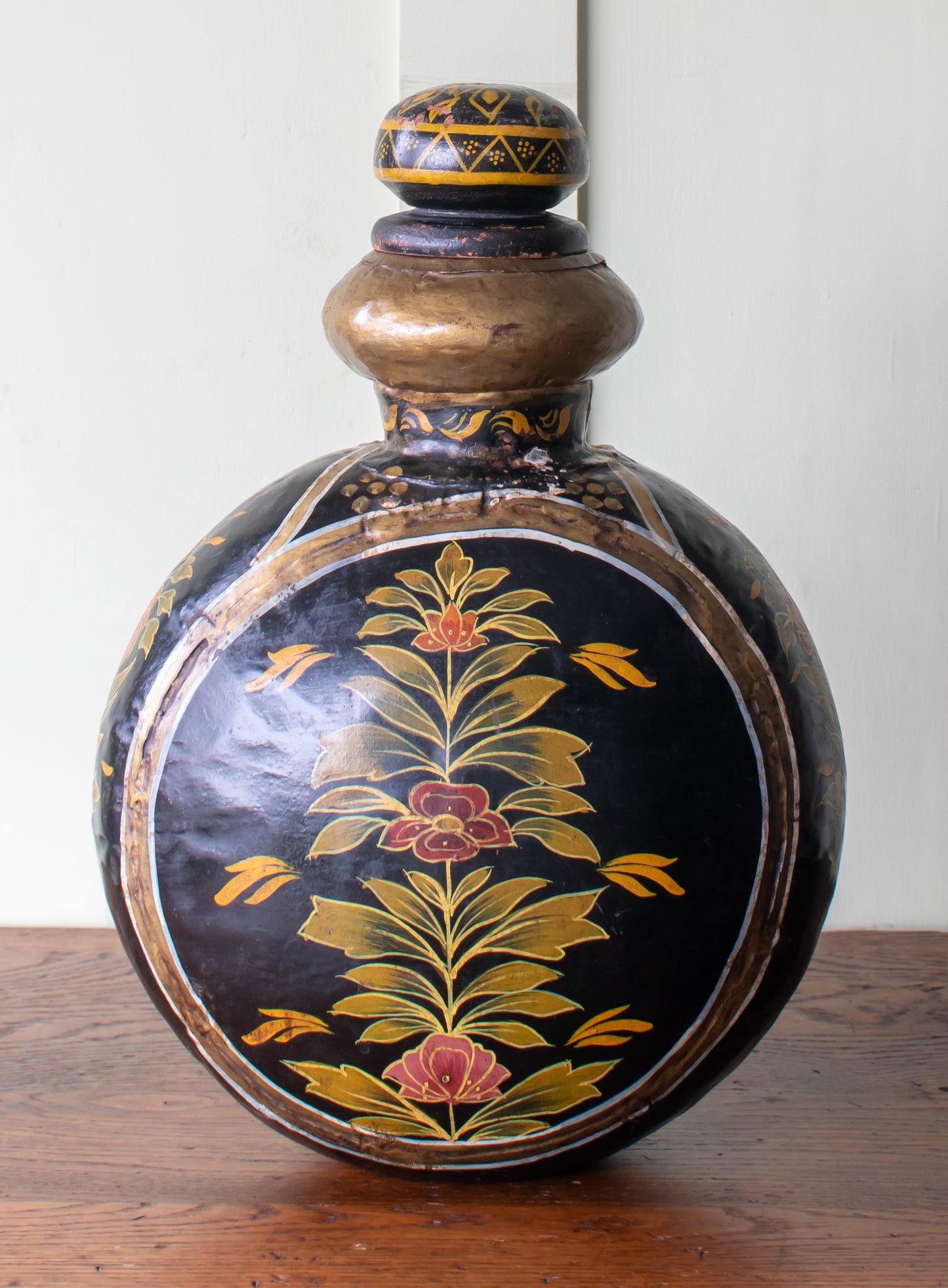 Indo-Raj Hand Hammered & Painted Metal Water Jug/ Flask