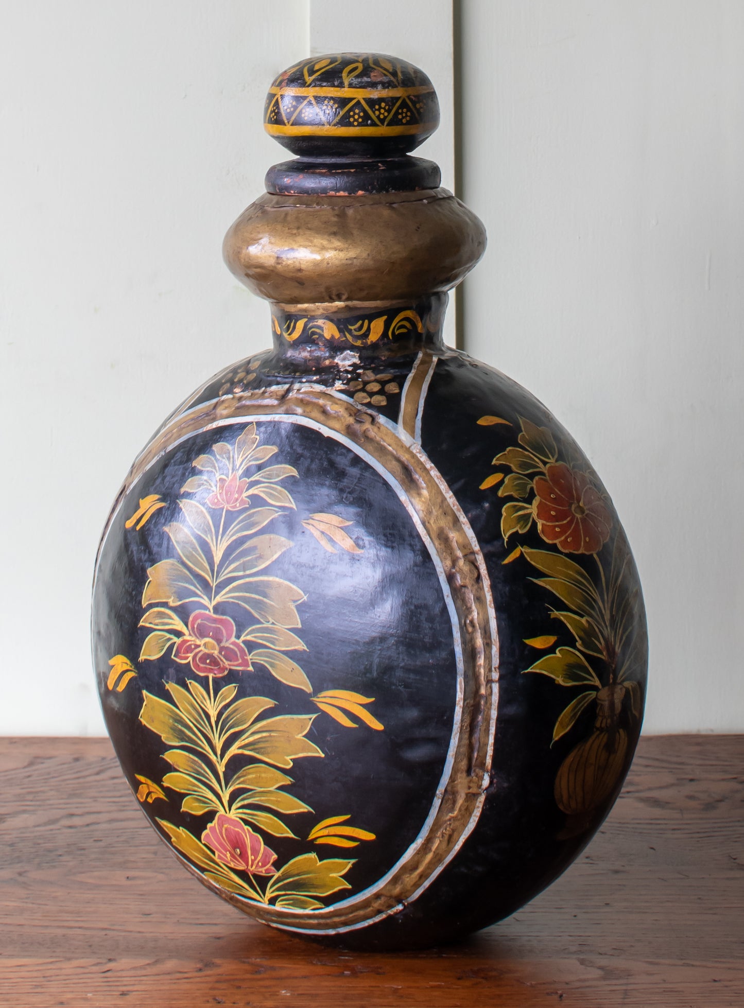 Indo-Raj Hand Hammered & Painted Metal Water Jug/ Flask