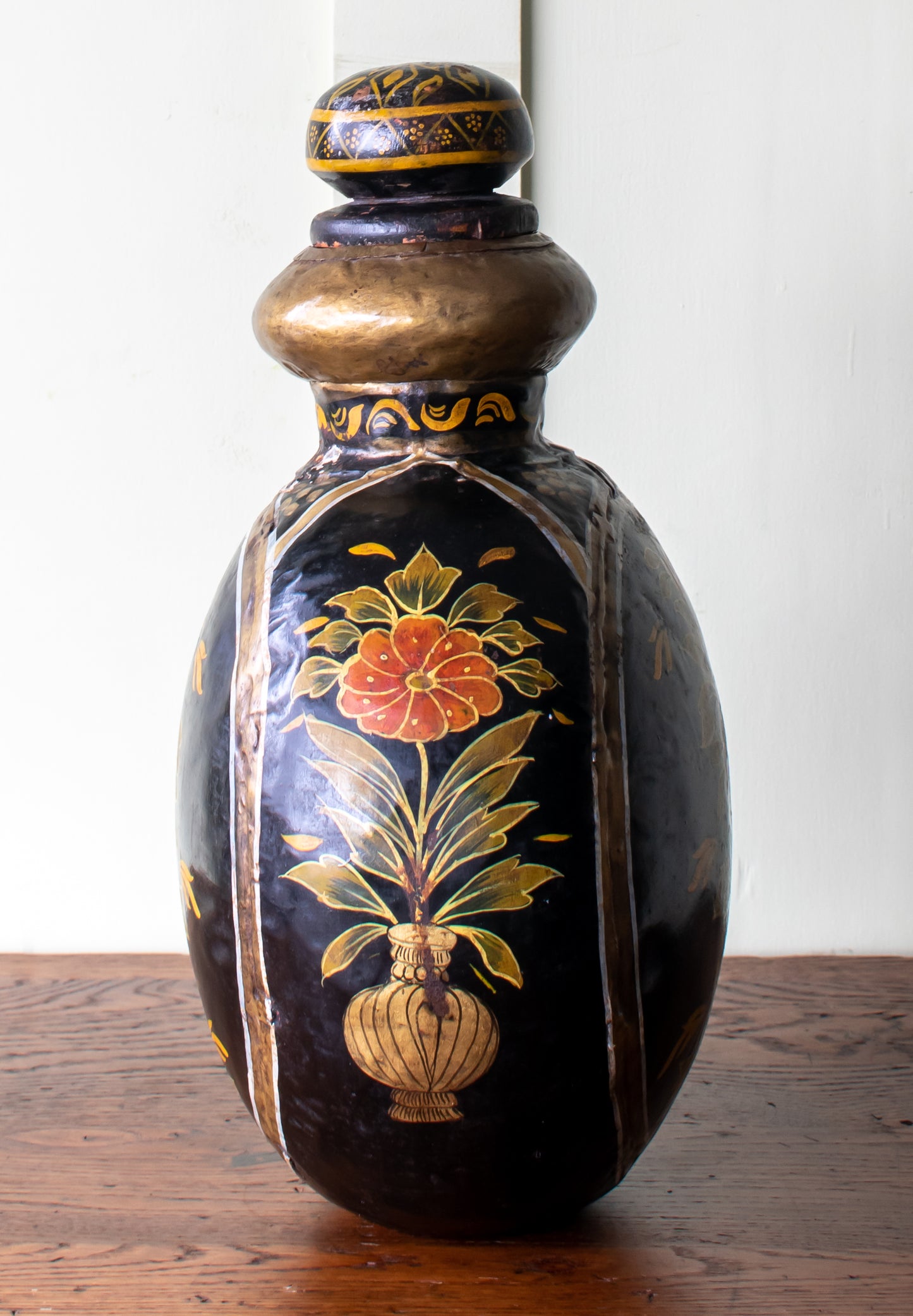 Indo-Raj Hand Hammered & Painted Metal Water Jug/ Flask