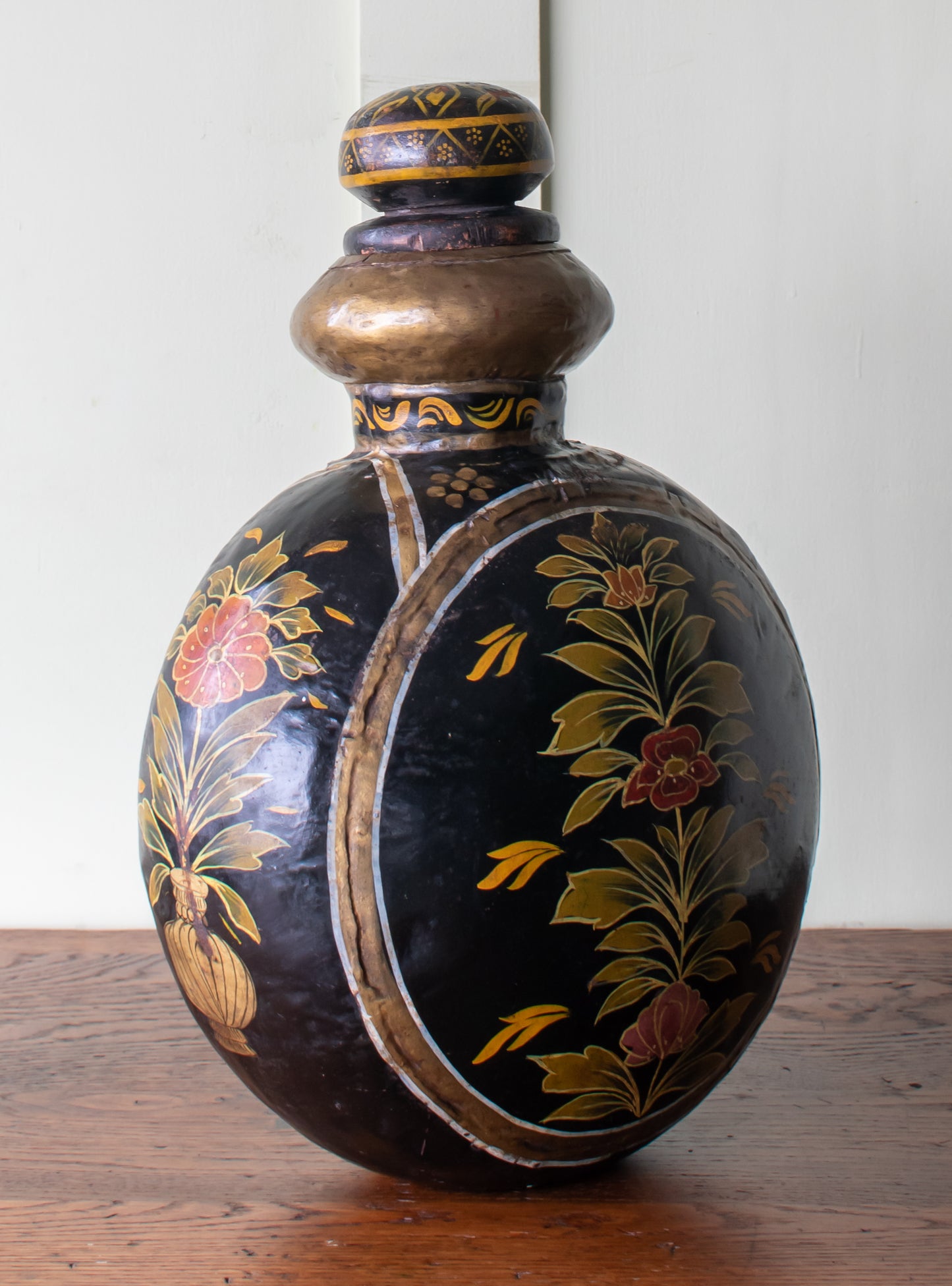 Indo-Raj Hand Hammered & Painted Metal Water Jug/ Flask