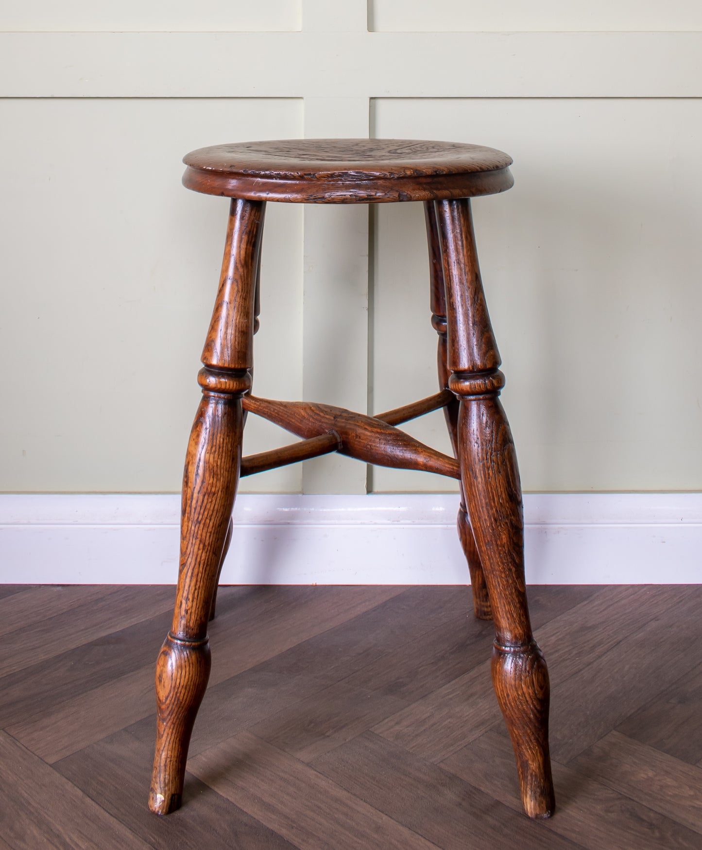 19thC. Oak Dished Button Seat Mill Worker Stool