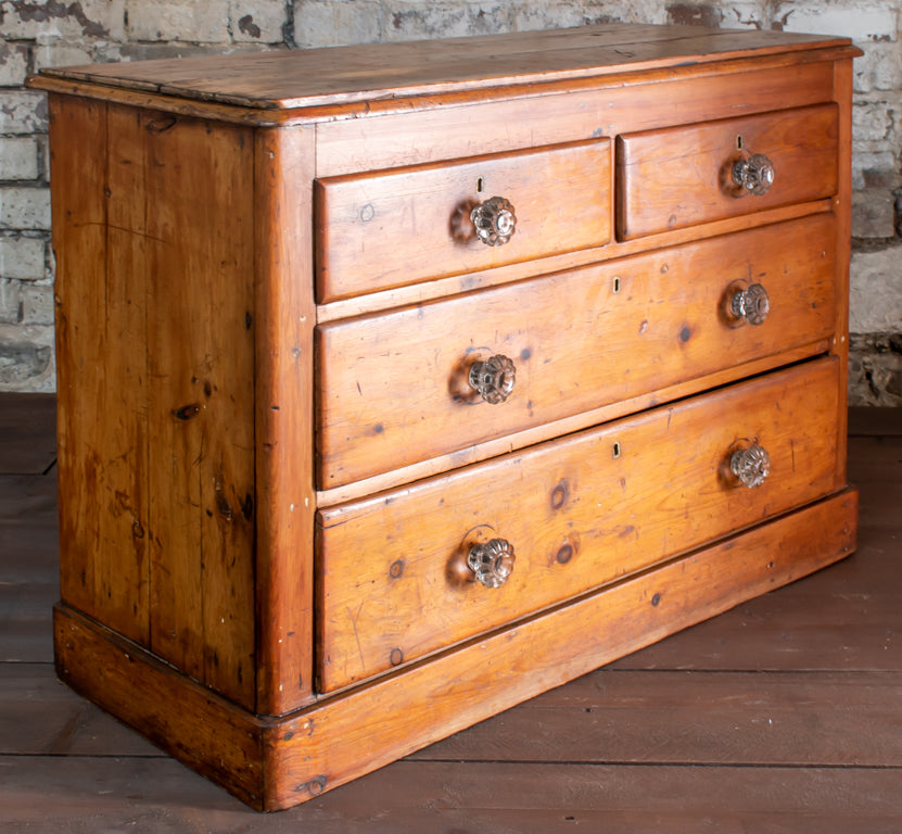 19thC. Pine 2 Over 2 Chest of Drawers w/ Cut Glass Handles