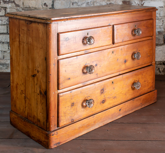 19thC. Pine 2 Over 2 Chest of Drawers w/ Cut Glass Handles