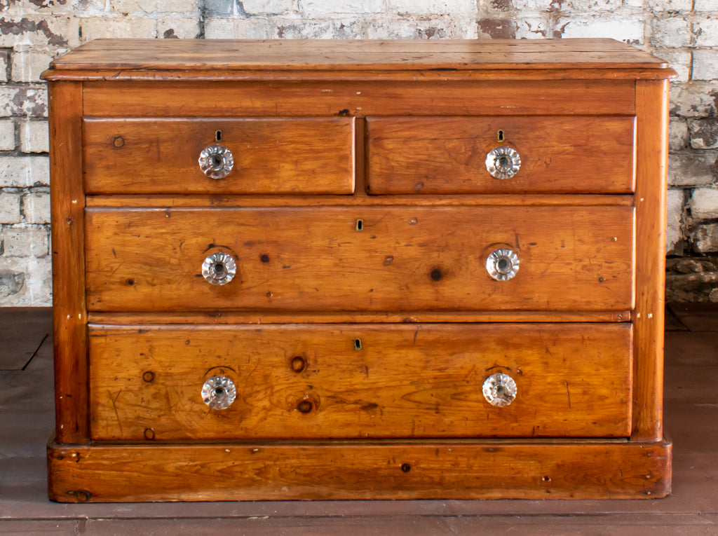 19thC. Pine 2 Over 2 Chest of Drawers w/ Cut Glass Handles