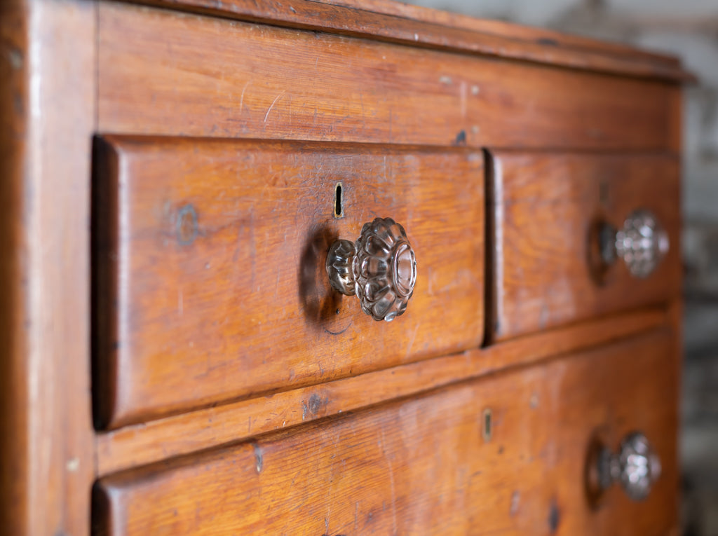 19thC. Pine 2 Over 2 Chest of Drawers w/ Cut Glass Handles