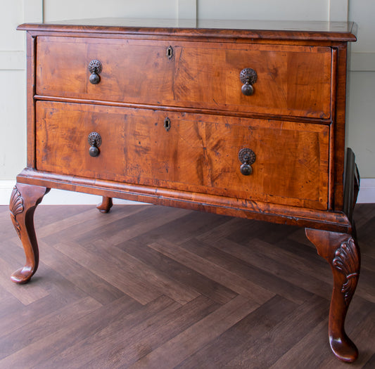 Queen Anne Inlaid Burr Walnut 2 Drawer Chest on Stand