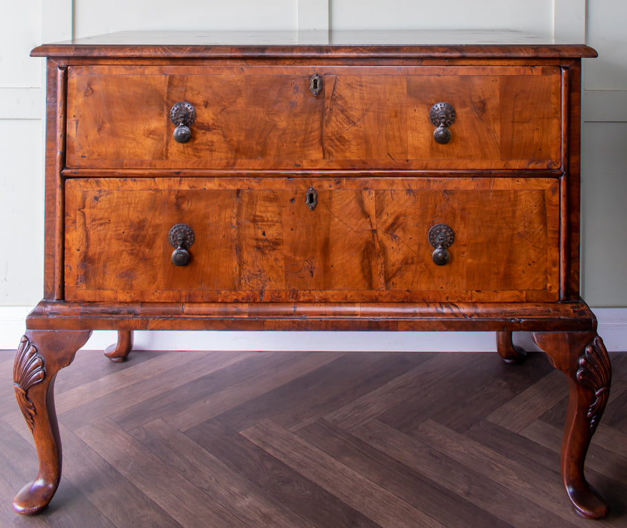Queen Anne Inlaid Burr Walnut 2 Drawer Chest on Stand