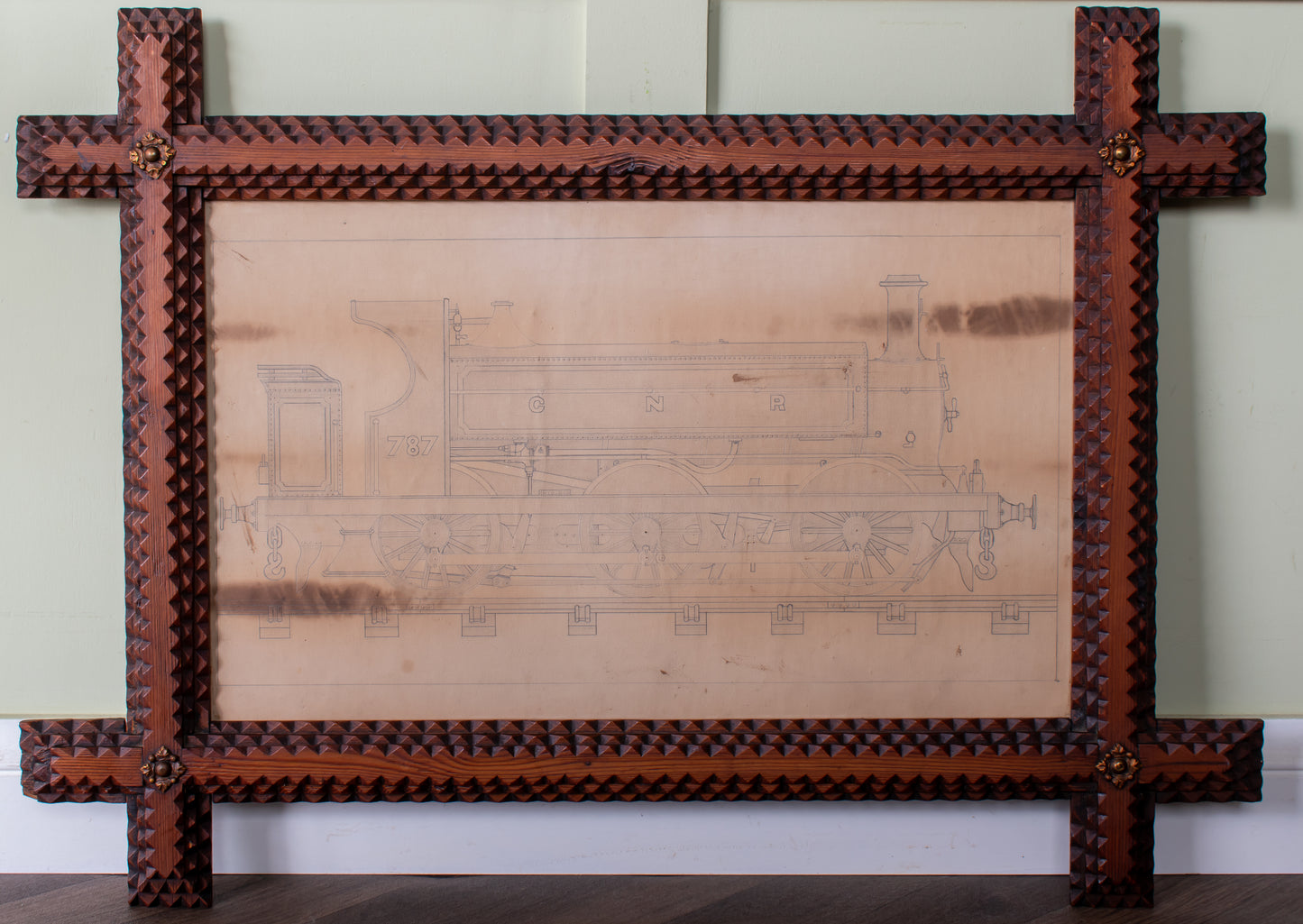 Tramp Art Framed Great Northern Railway Locomotive Drawing