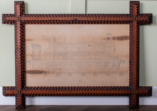 Tramp Art Framed Great Northern Railway Locomotive Drawing