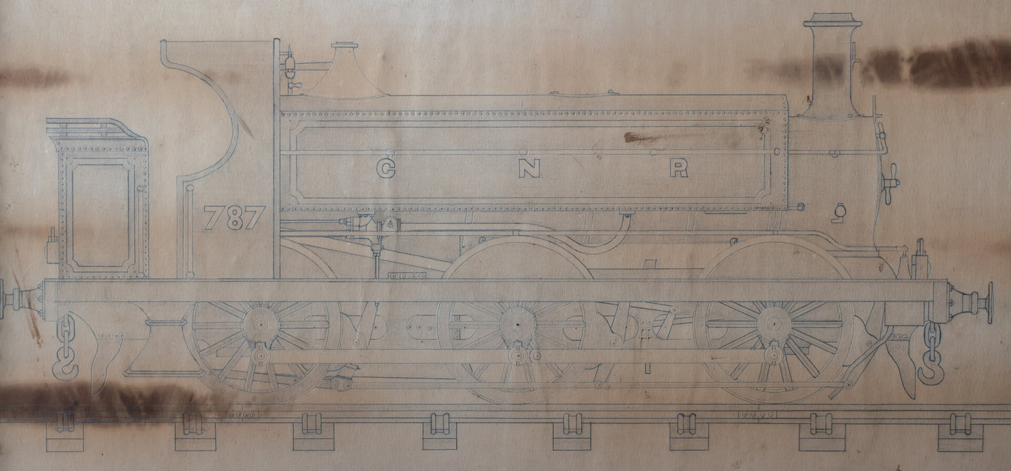 Tramp Art Framed Great Northern Railway Locomotive Drawing