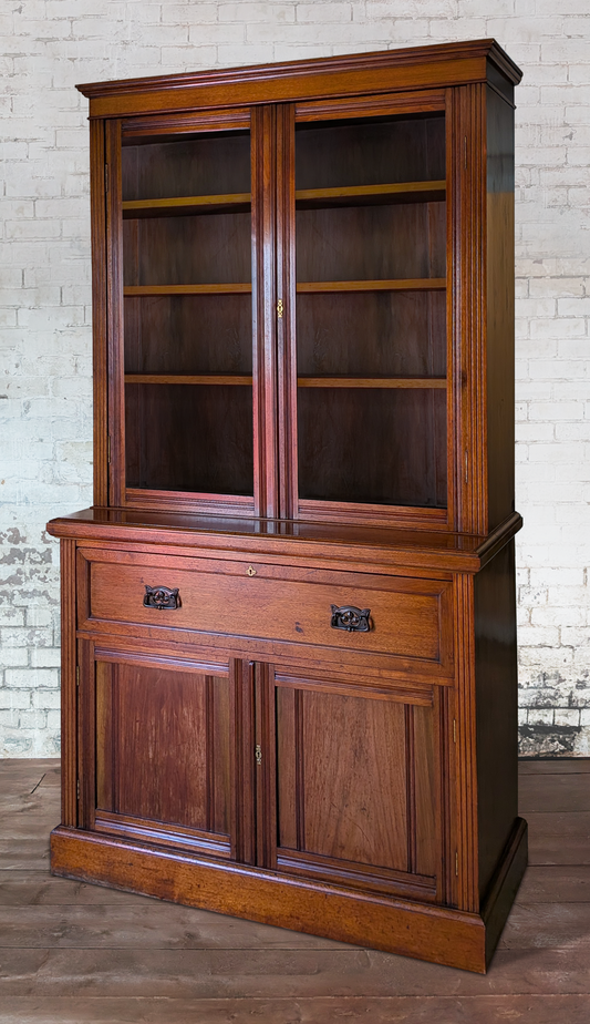Large Arts & Crafts Walnut Glazed Bookcase Display Cabinet Bureau