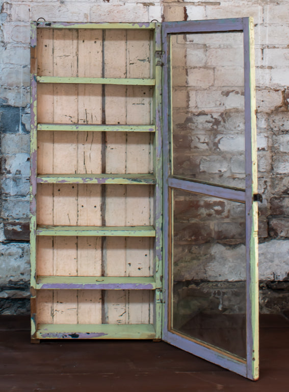 Distressed Overpainted Chippy Green Glazed Wall Mounted Cabinet