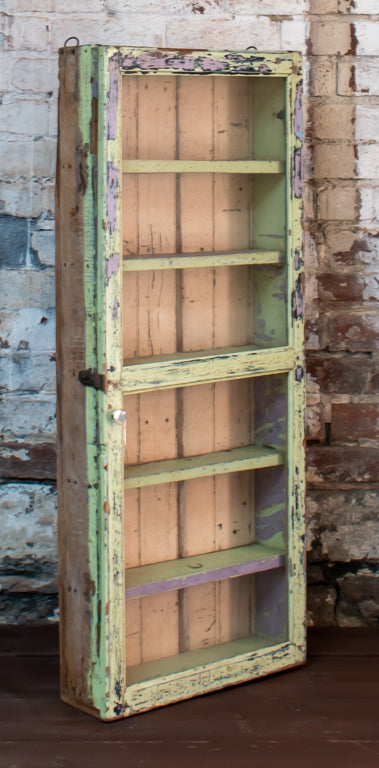 Distressed Overpainted Chippy Green Glazed Wall Mounted Cabinet