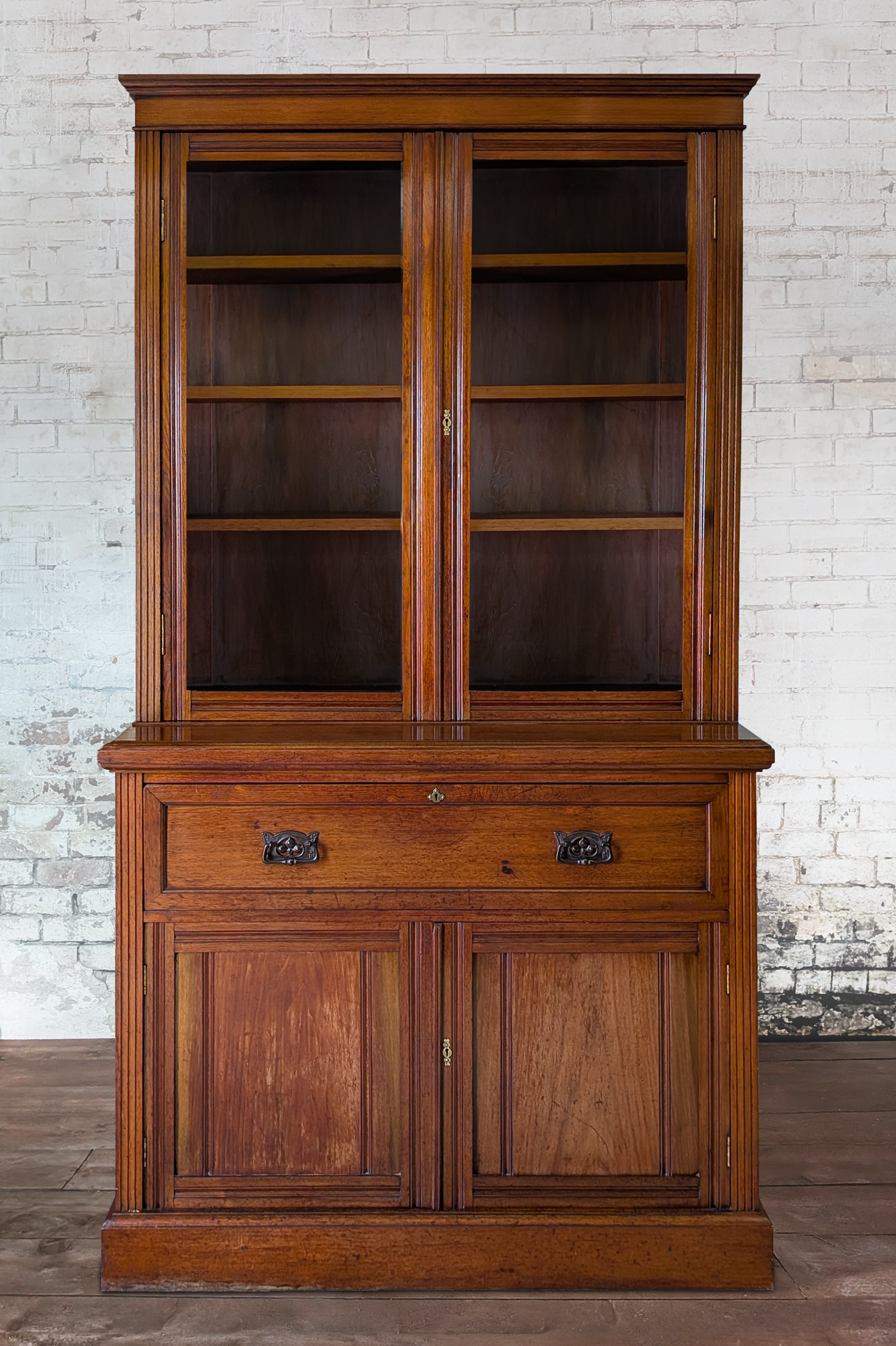 Large Arts & Crafts Walnut Glazed Bookcase Display Cabinet Bureau