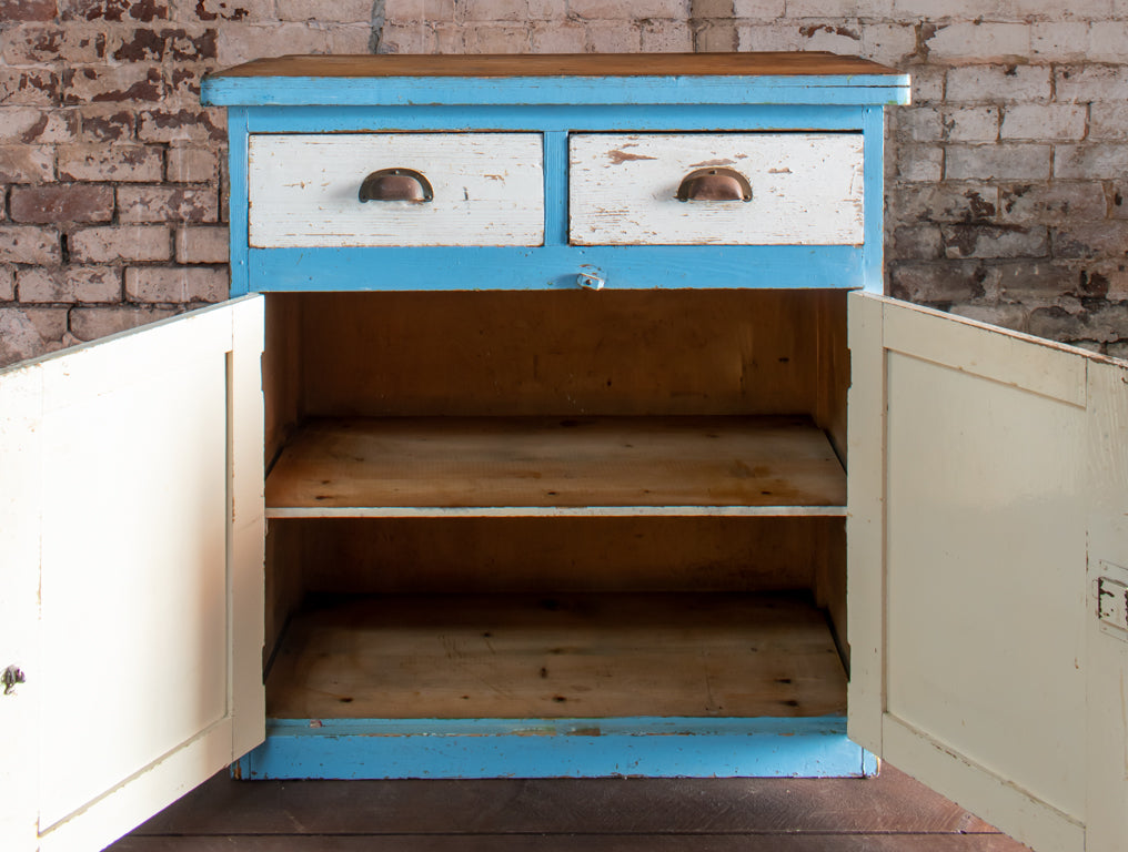 Distressed Overpainted Chippy White/ Blue Cabinet