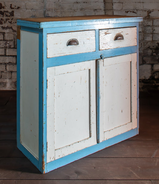 Distressed Overpainted Chippy White/ Blue Cabinet