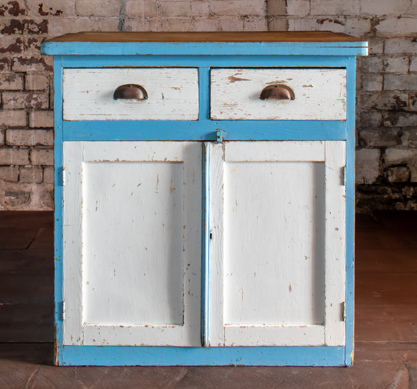 Distressed Overpainted Chippy White/ Blue Cabinet