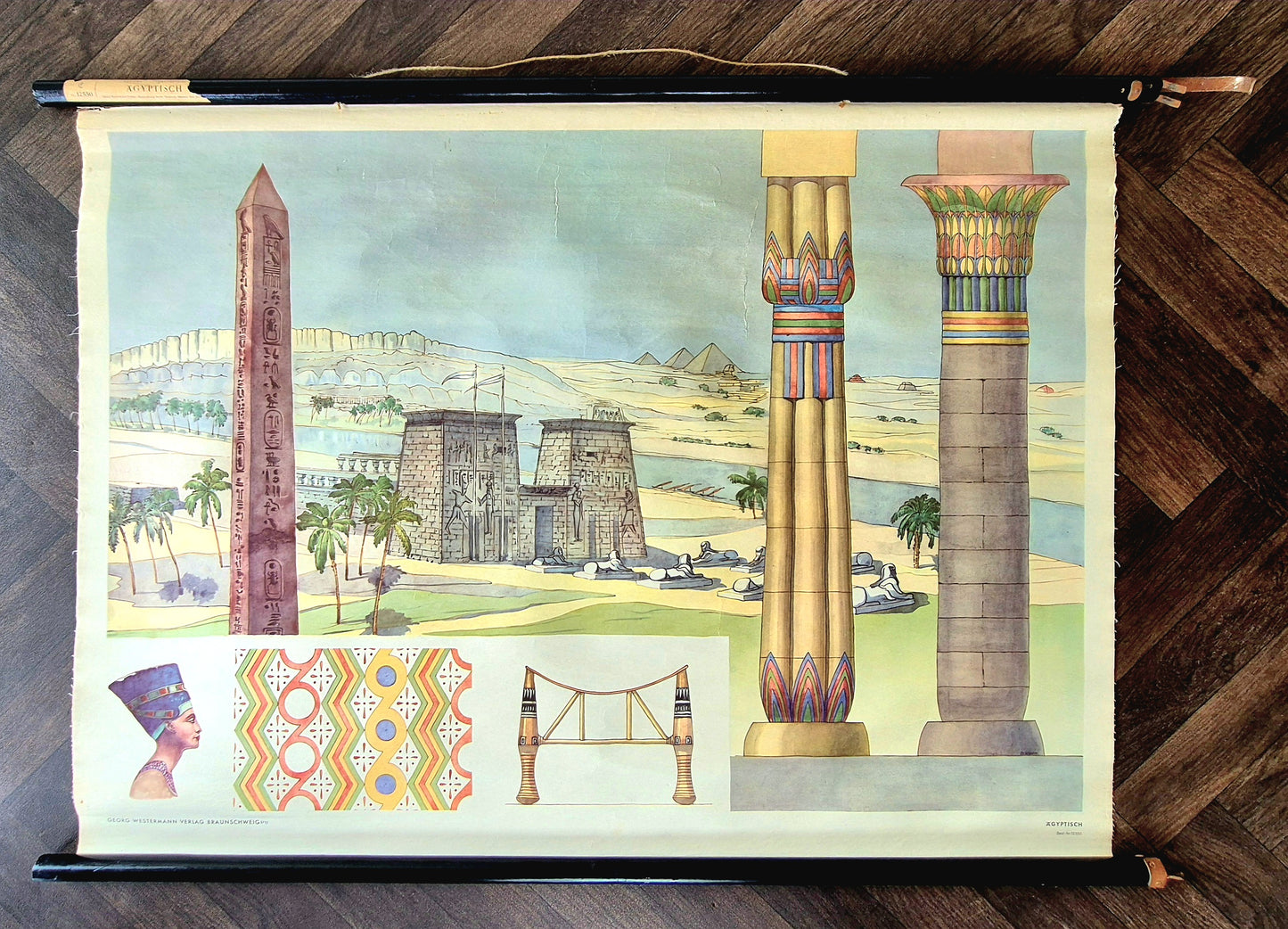 Vintage-style illustration of ancient Egyptian architecture and symbols on a wooden surface.